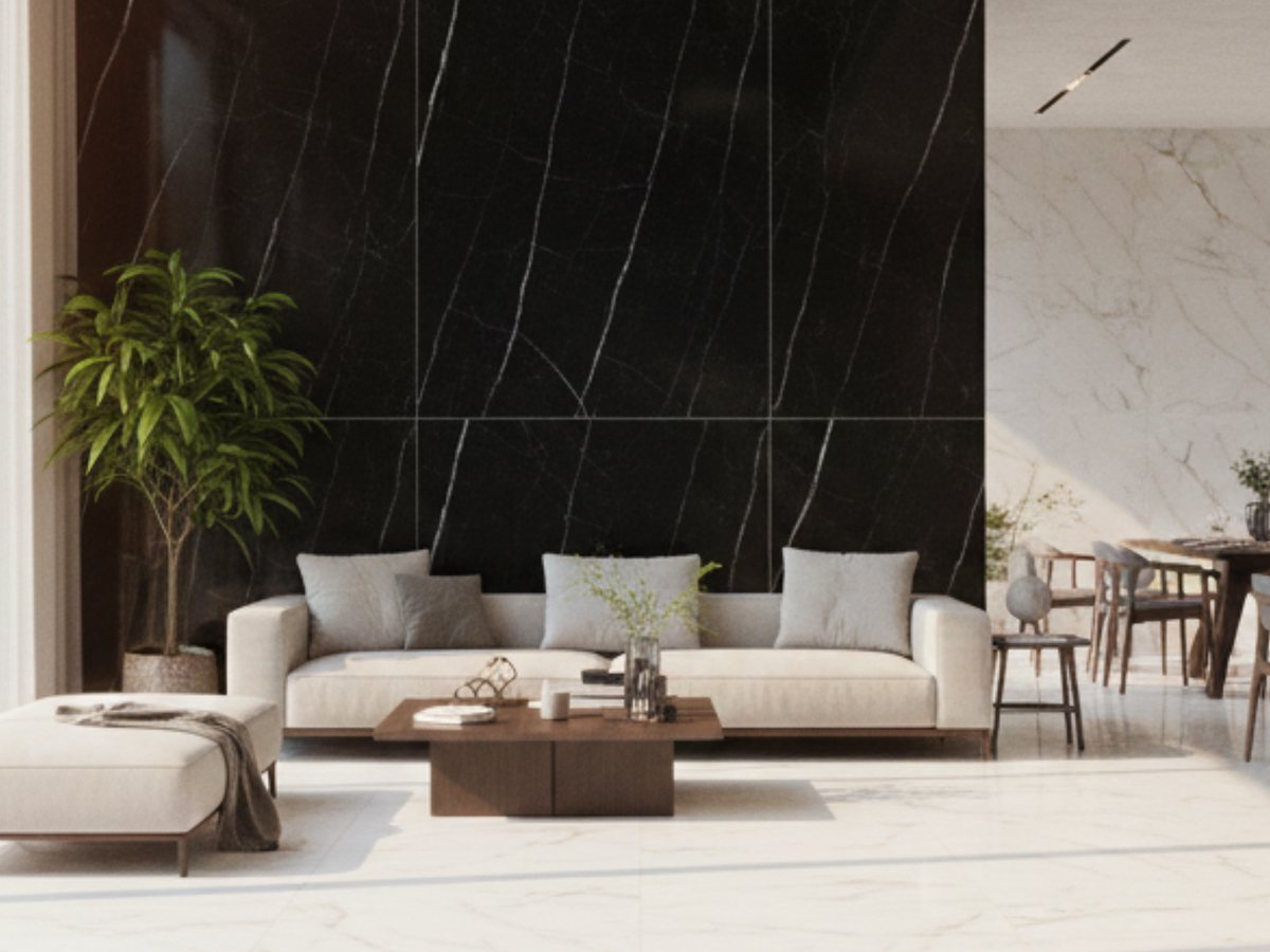Living cu perete placat cu marmura neagra